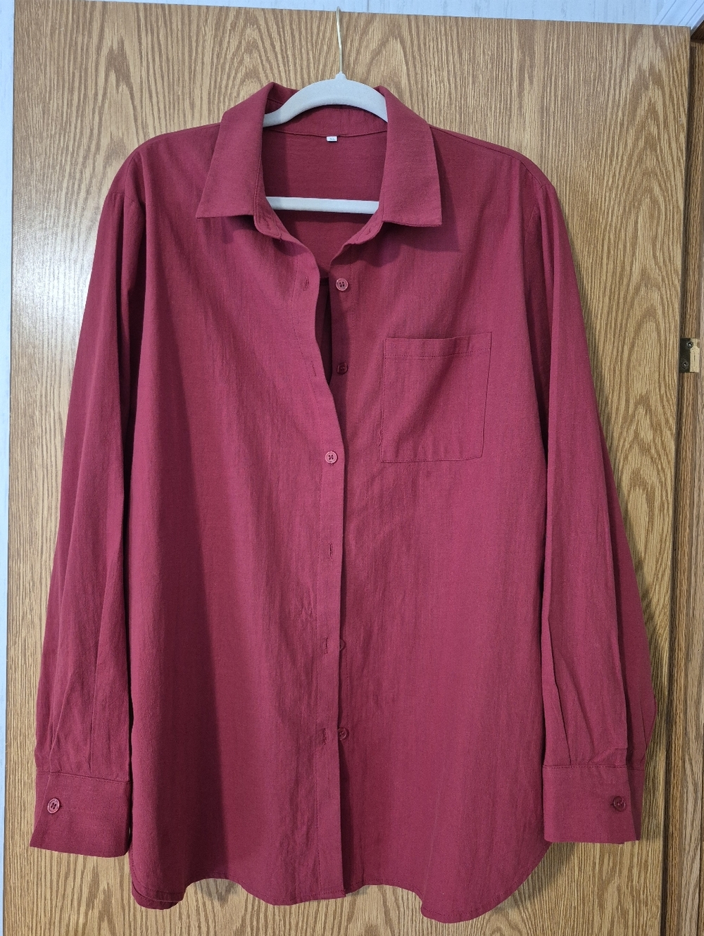 Women's Button Down Cotton Long Sleeve Shirt, Wine Red, Size XL